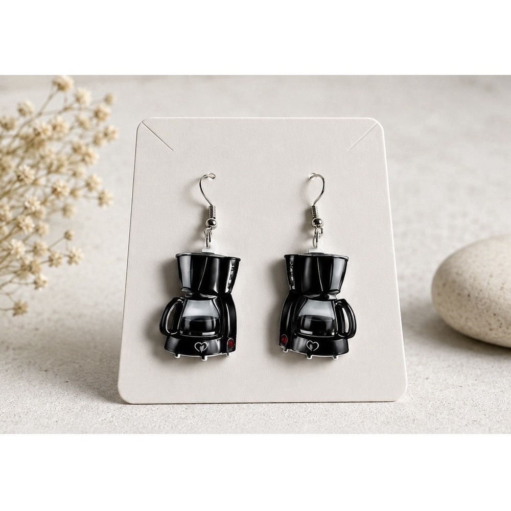 Handmade Coffee Maker Acrylic Dangle Earrings Black Silver Barista Novelty Gift